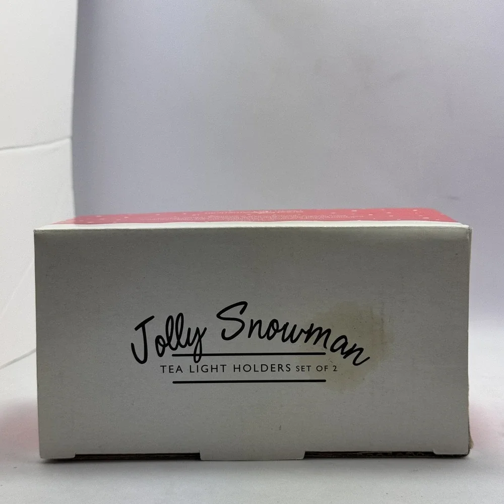Jolly Snowman Tea Light Candle Holders Set/2 Red White Ceramic Holiday Decor NEW